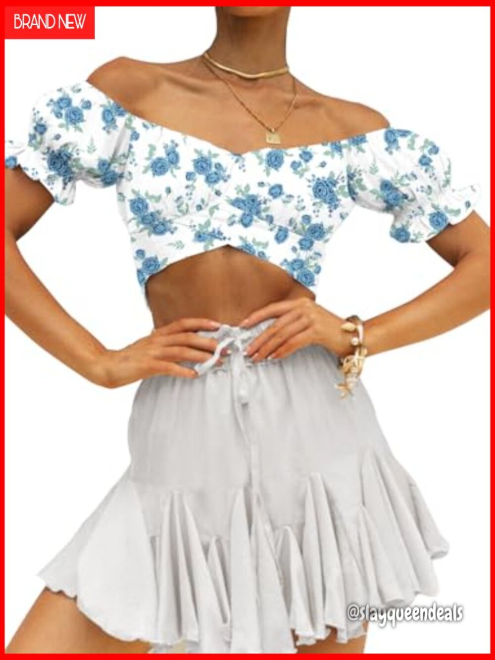 Ruffle Puff Sleeve Tie Back Crop Top Blouse Off Shoulder Cropped - Picture 5 of 7